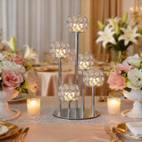 5-Arm Crystal Tealight Candelabra Centerpiece, 14.8 Inch Metal Candle Holder for Table Decor, Wedding, Christmas