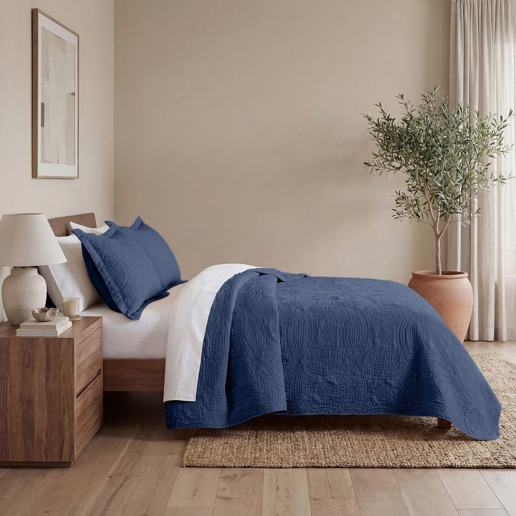 Queen Quilt Bedding Sets,Dark Blue Ultrasonic Lightweight King Coverlet,Coin Pattern Soft Bedspreads for All Season