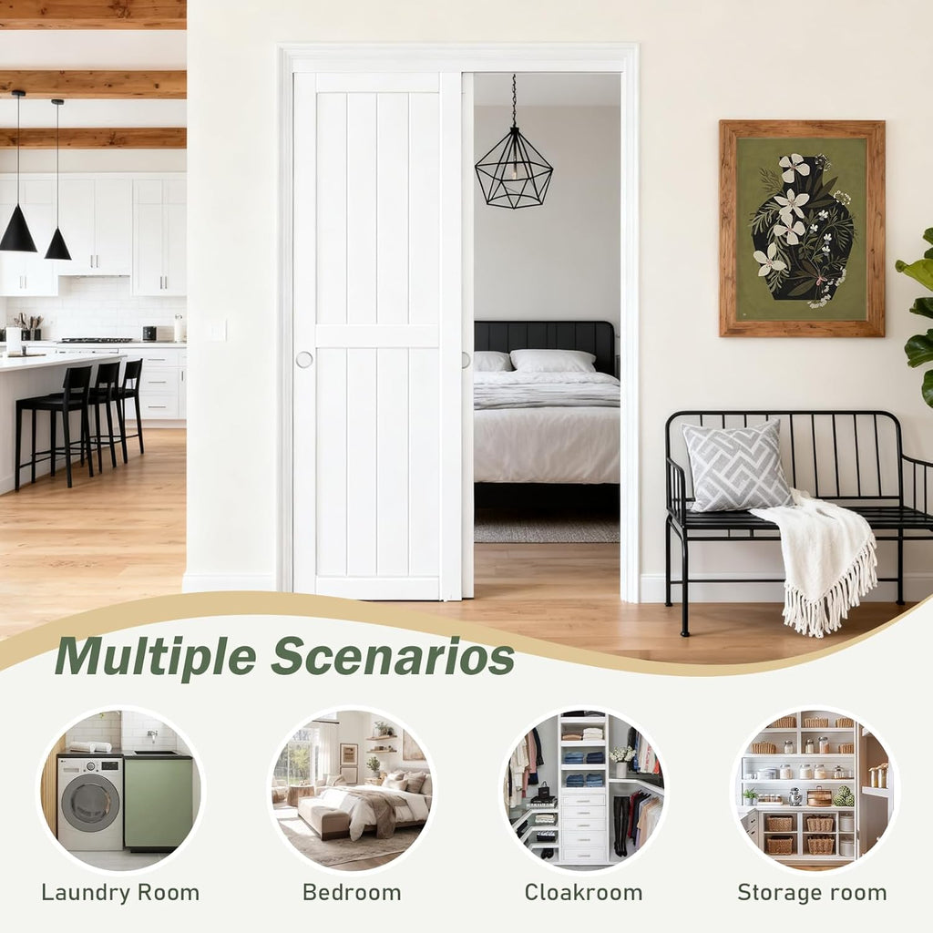 Sliding Closet Doors 64x80(Double 33inch),Bypass Barn Door with Hardware,for Bedroom,White,H Frame,A