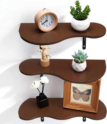 3 Pcs Wooden Floating Shelves Wavy Cloud Shelves Wood Walnut Shelf Live Edge Wall Mount Shelf Dark Brown Rustic