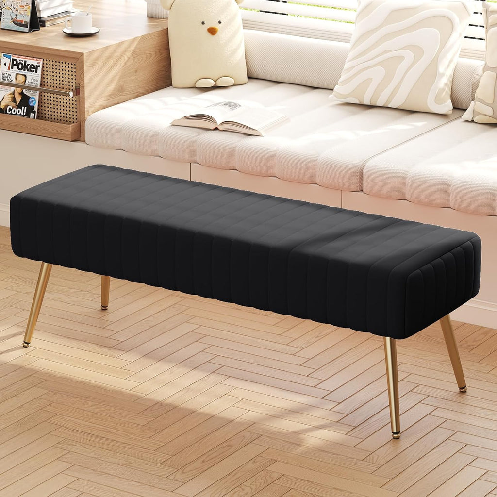 44 Inch Bedroom Bench, Upholstered Tufted Striped Fabric Ottoman Benches with X-Shaped Metal Legs Solid Wood Indoor