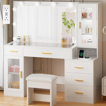 49.2" Large Glass Top Vanity Desk with Lighted Mirror and Stool | White Makeup Vanity table with Nightstand,Power