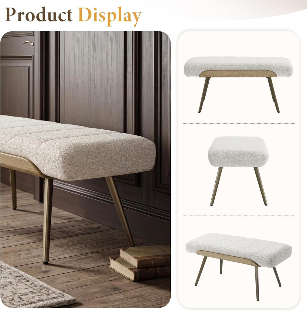 Modern Ottoman Bench, Upholstered Boucle Fabric Entryway Bench with Metal Legs, 35.5" Padded Bench Living Room, Beige