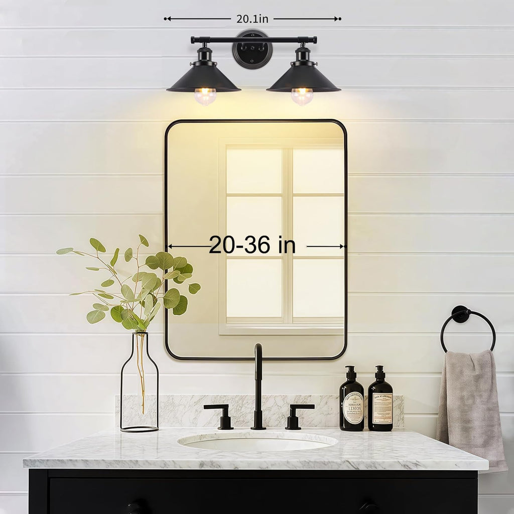Black Bathroom Light Fixture, 2-Light Farmhouse Vanity Lights | Solid Metal, 20" Matte Black Bathroom Light Fixtures
