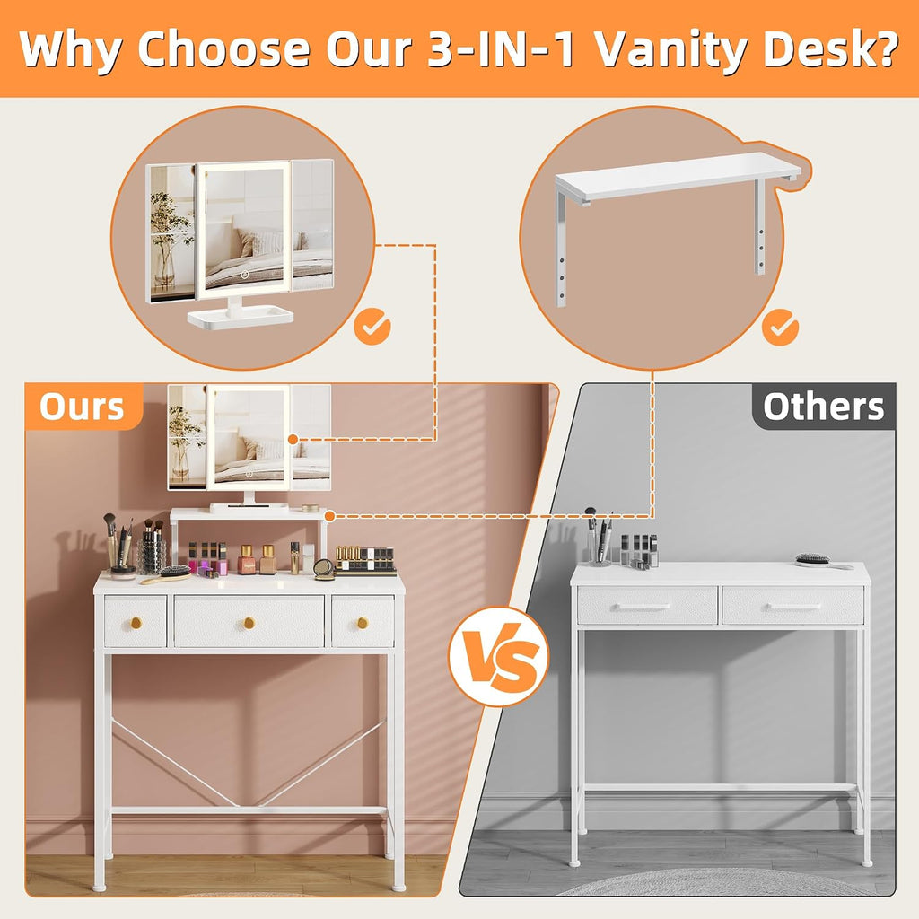 Small Makeup Vanity Desk 27.5''W with Mirror and Lights, White | 3 Drawers, USB Lighted Mirror, Height-Adjustable
