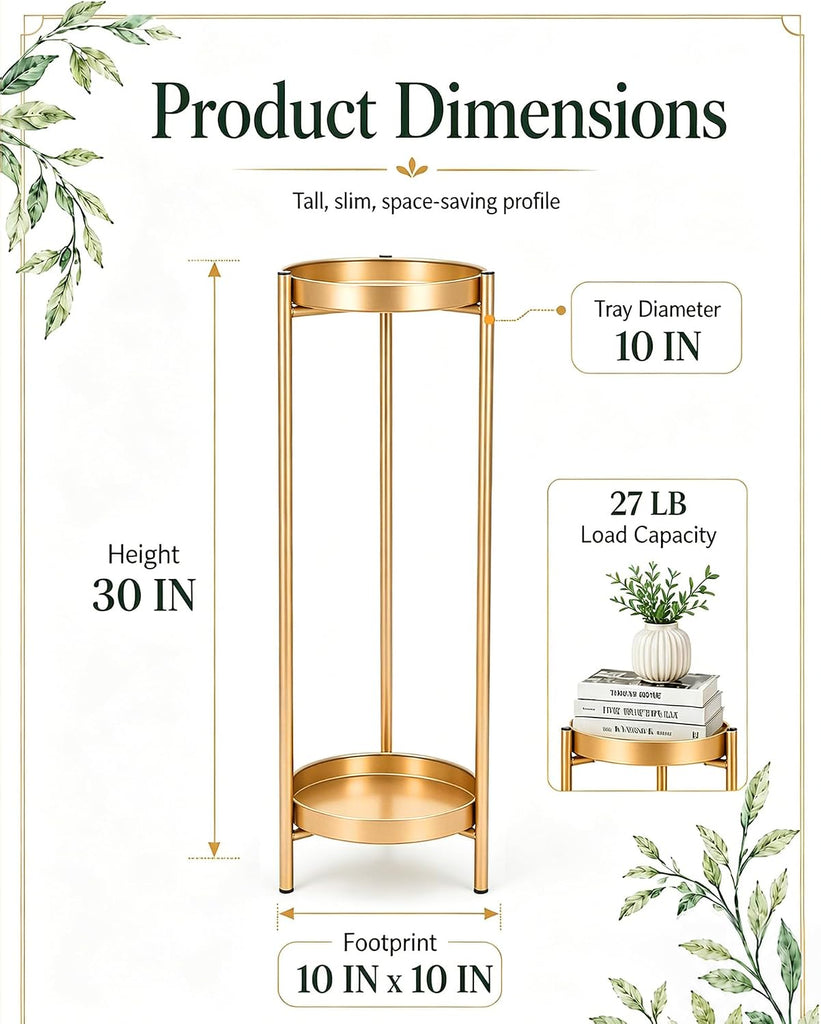Metal Gold Tall Plant Stand Indoor or Outdoor - 30 inch 2 Tier Modern Corner Planter Shelf Rack with 2 Removable