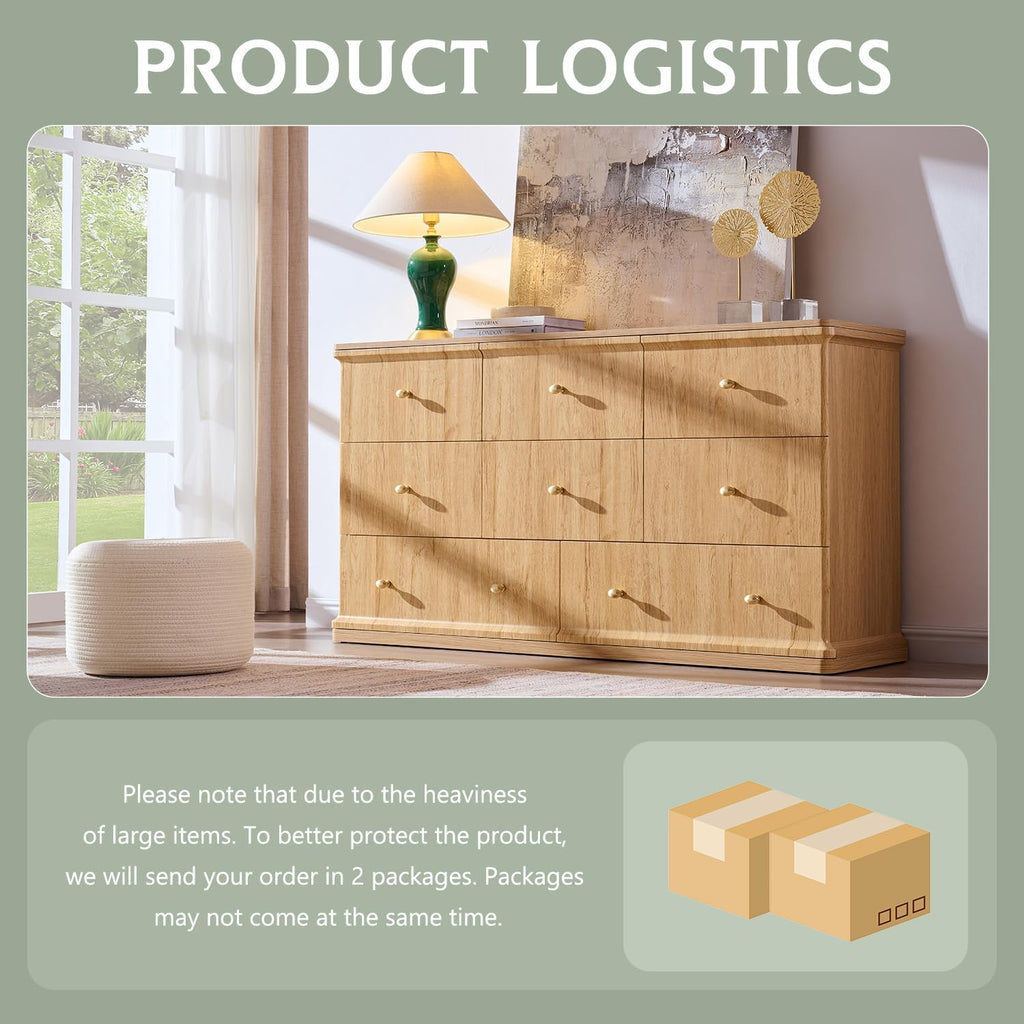 Modern 8 Drawers Dresser , 55" Wide Wood Dressers & Chests of Drawers w/Curved Waterfall Edge, Large Storage Dressers
