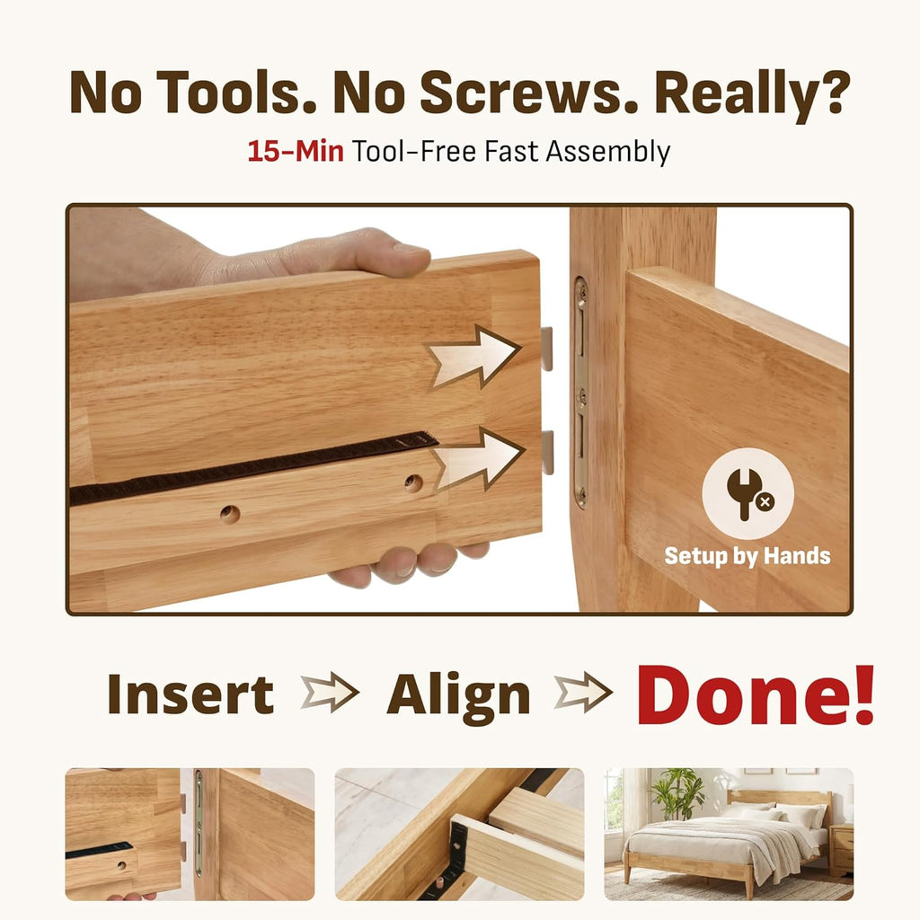 Queen Solid Wood Bed Frame with Headboard, 1100 Lbs Heavy Duty Rubberwood Platform Bed, 15-Min Tool-Free
