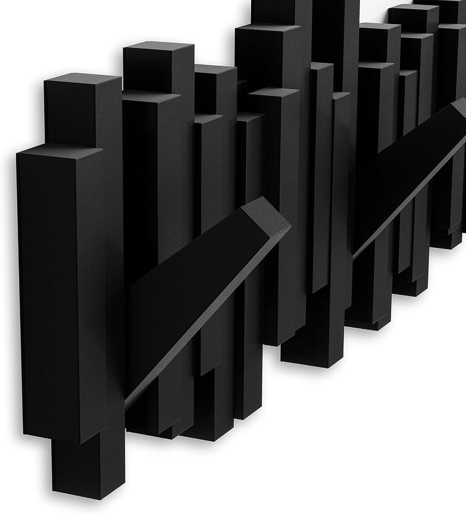 Sticks Wall-Mounted Coat Rack Rail Hook with 5 Retractable Pegs - Modern, Space-Saving Storage Organizer, Black