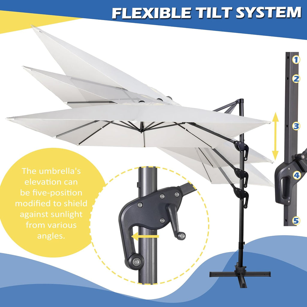 10x10Ft Cantilever Patio Umbrella Square 360° Rotation & Integrated Tilting System Offset Umbrella with 8 Sturdy Ribs