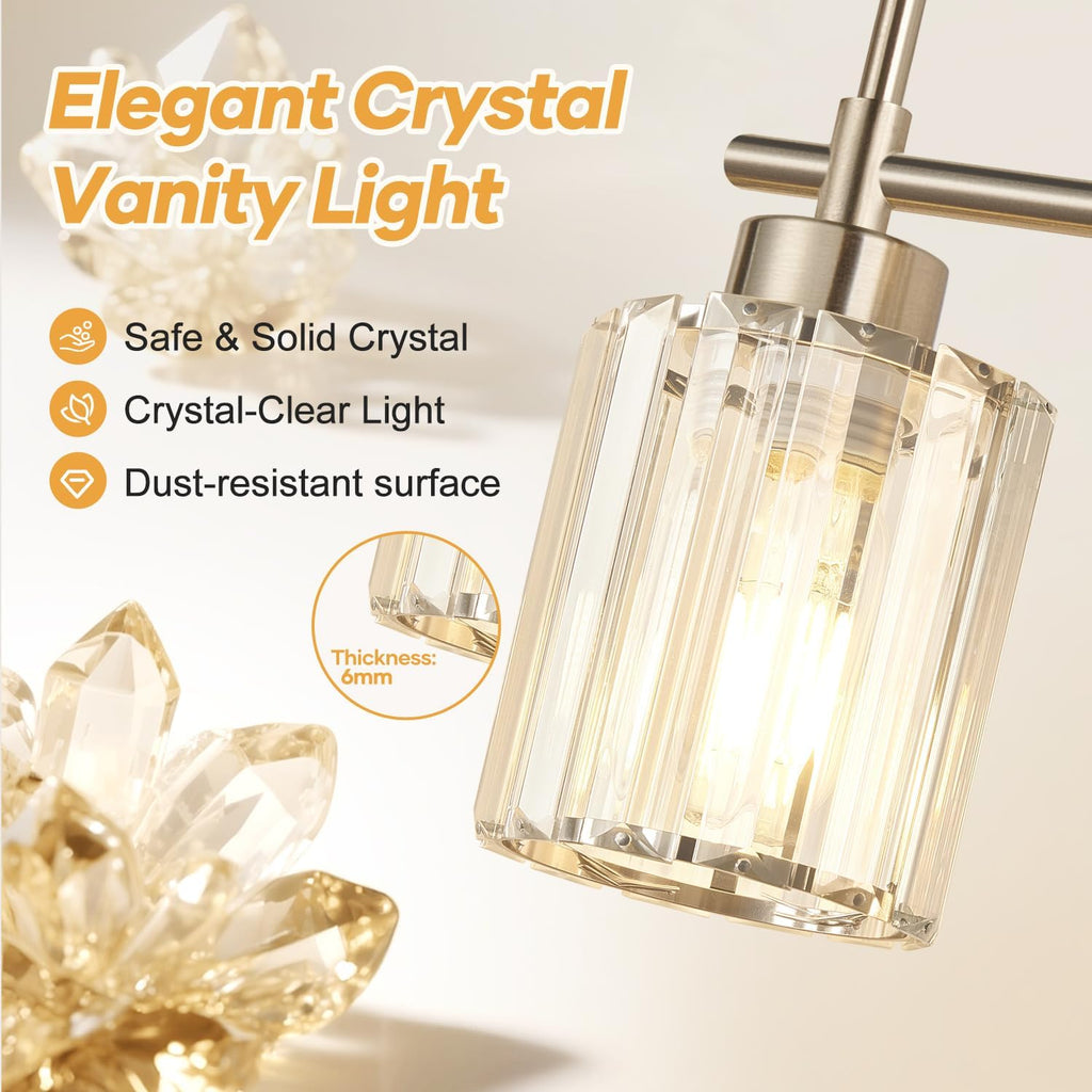Modern Crystal Vanity Light Fixtures, 4-Light Brushed Nickel Bathroom Vanity Lighting Over Mirror, Bathroom Light