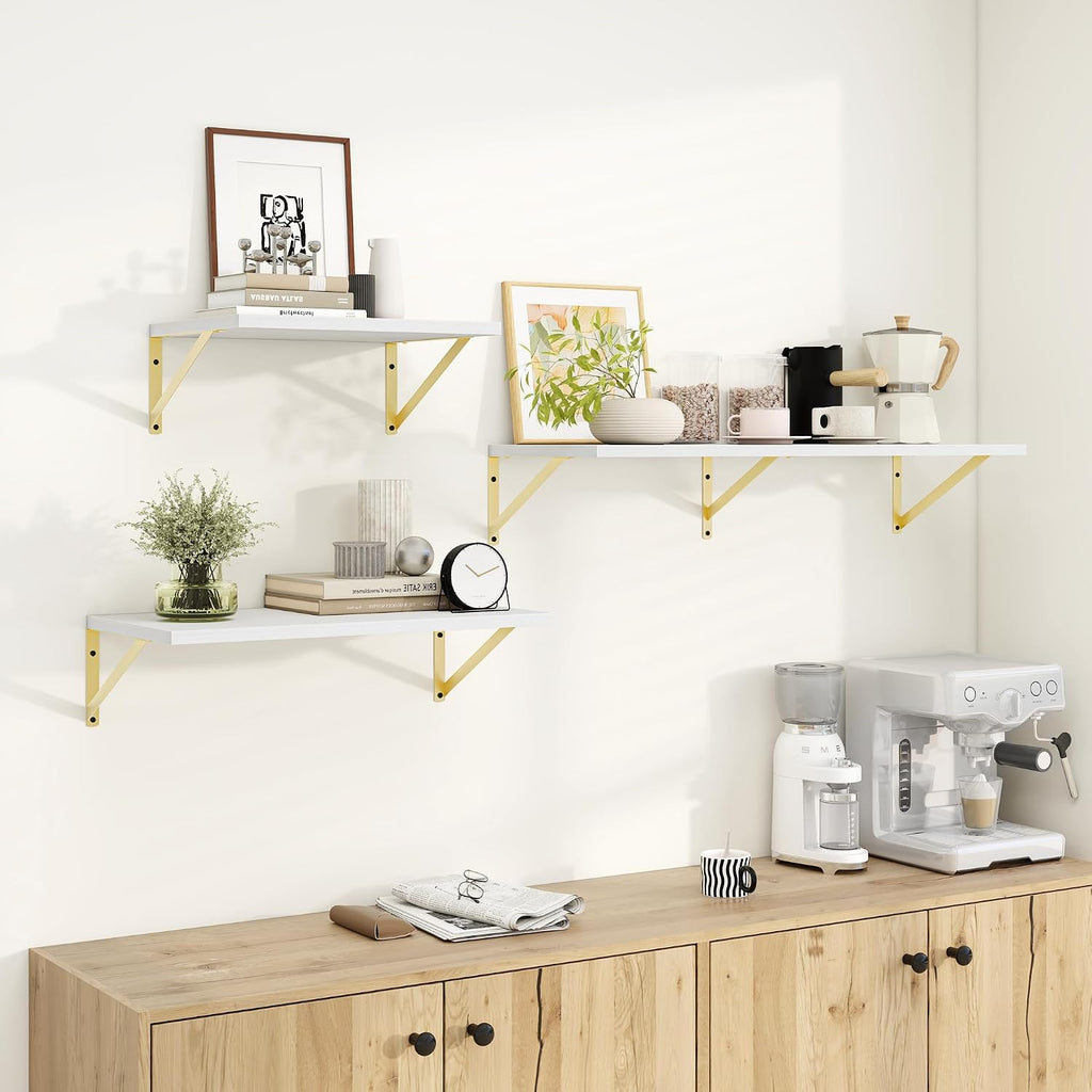 Wall Mounted Floating Shelves Set of 2, 36x12, White&Gold | Engineered Wood, Visible Bracket, Large Storage, Hold Up