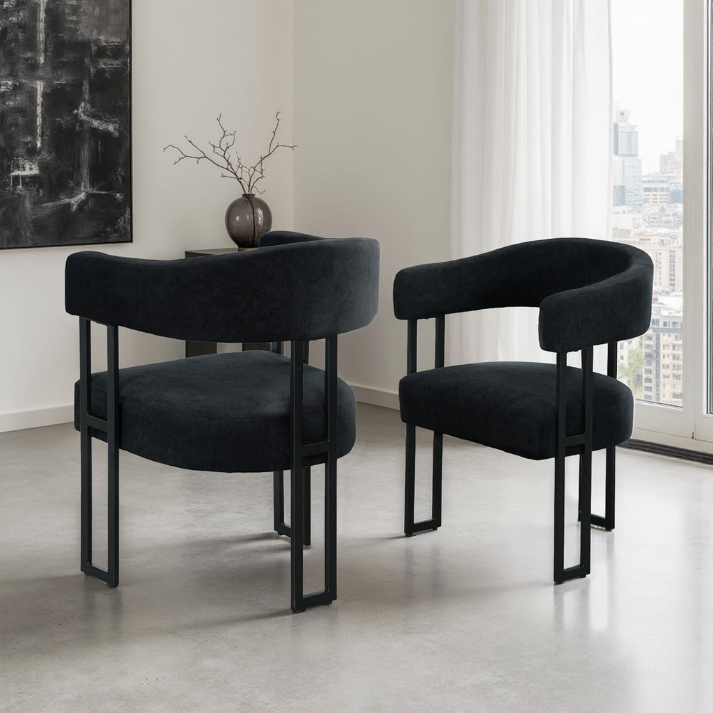 Barrel Chairs Set of 4, Boucle Upholstered Black Dining Chairs with Arm, Kitchen Chair with Metal Leg Elevated