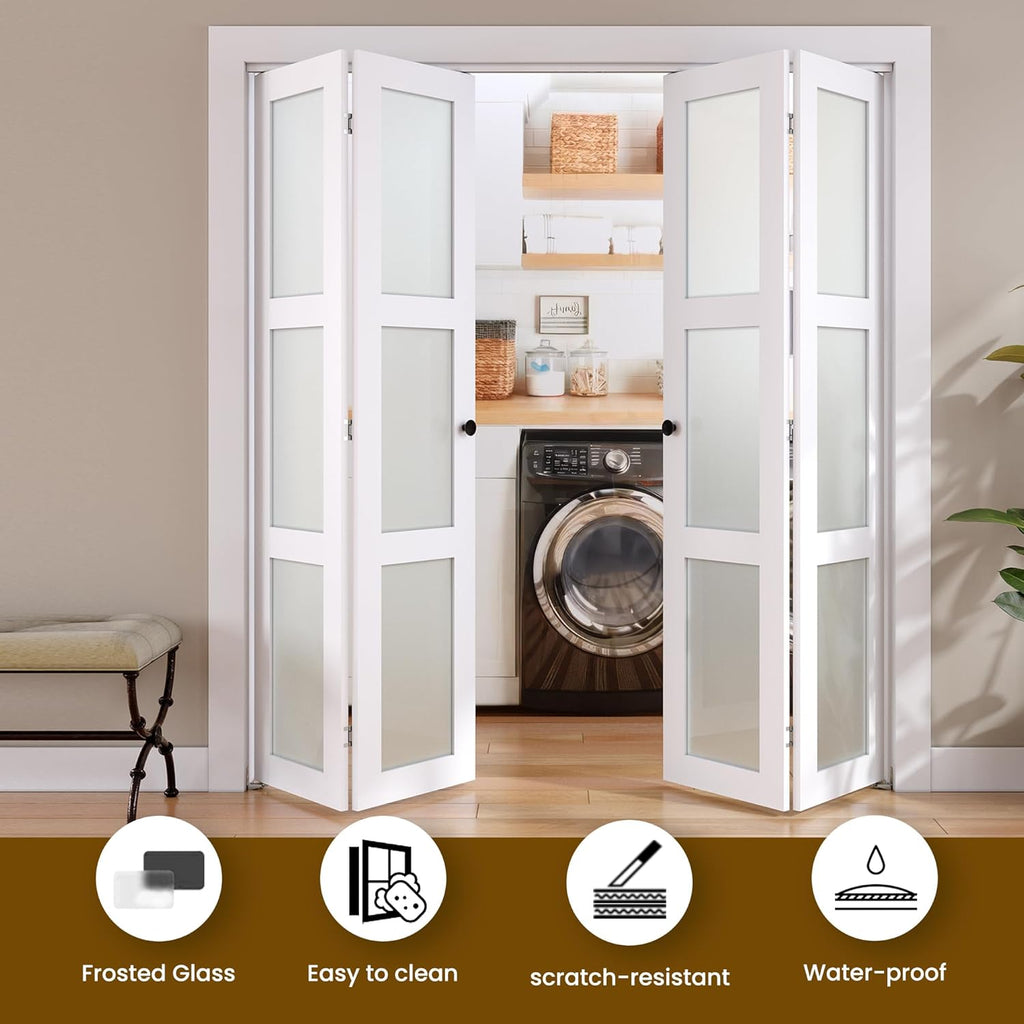 Bifold Door, for 64"x 80" Opening,Tempered Frosted Glass Closet Folding Barn Door with Hardware Kit,