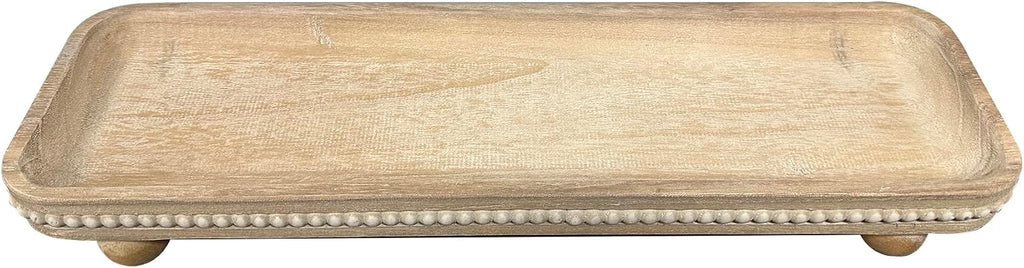 Oval Wooden Decorative Tray, Farmhouse Style, Beaded Serving Tray , Coffee Table (White Wash)