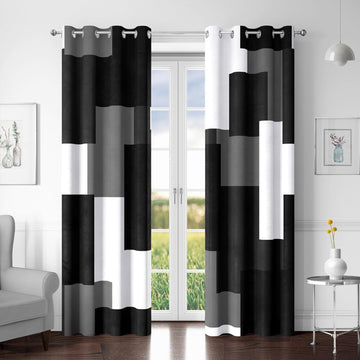 Black Grey 100% Blackout Curtains for Bedroom 2 Panels Set White Grey Modern Abstract Geometric Black