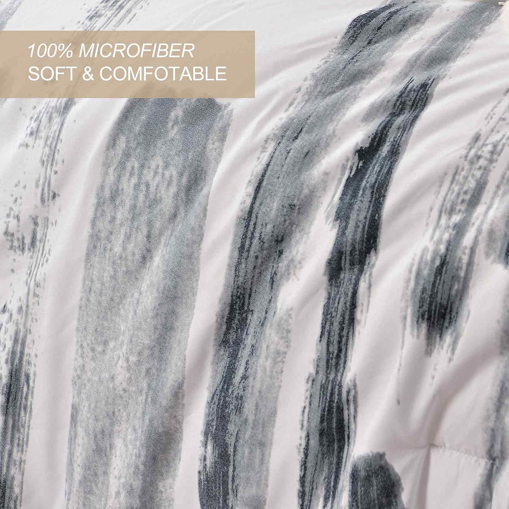 Queen Comforter Set 3pc, Art Grey White Printed Pattern Reversible Down Alternative Microfiber Bedding - All Season