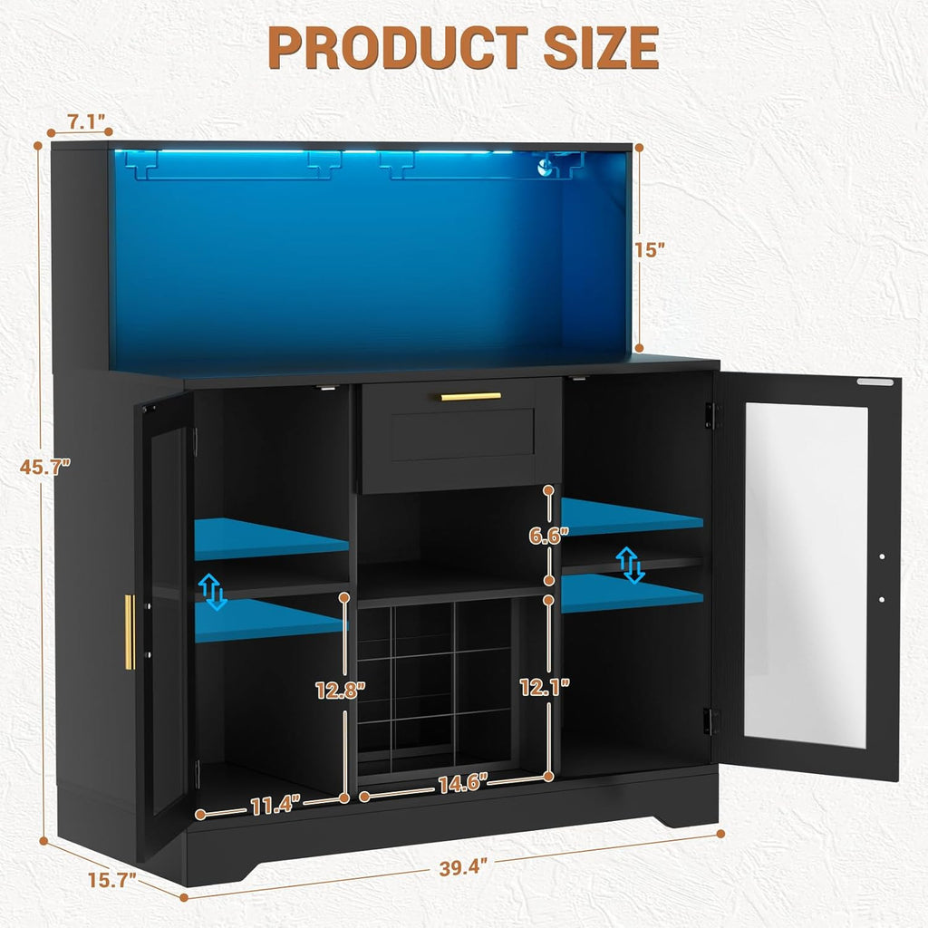 Coffee Bar Cabinet with LED Light and Storage Hutch, Black
