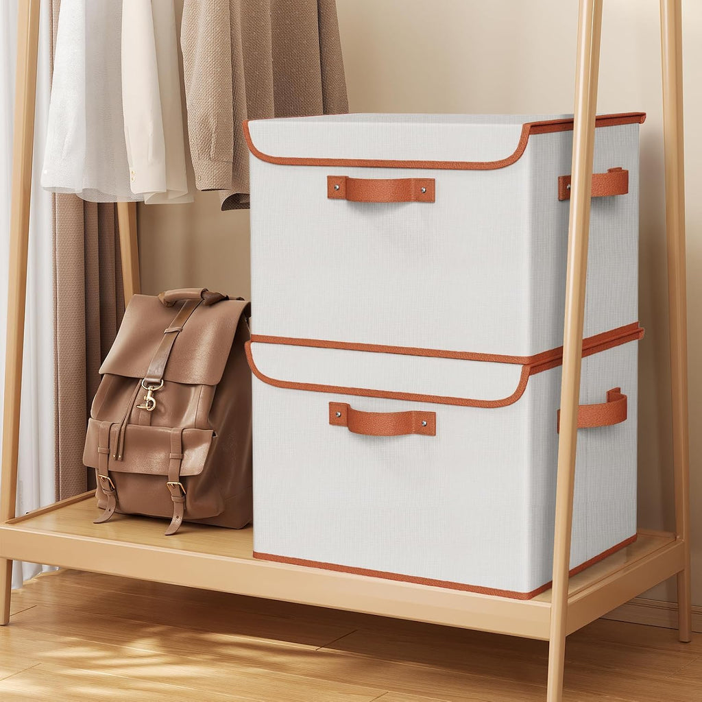 Fabric Storage Bins with Lid, Stackable Storage Box, Beige, 3 PCS | Heavy Duty, Large Capacity, Leather Handle