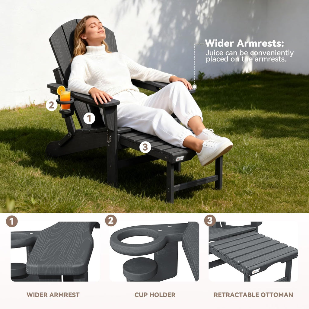 HDPE Folding Adirondack Chair, 20" W | 400 lbs | 2 Cup Holders, Grey | Weather Resistant, Retractable Ottoman, Wooden