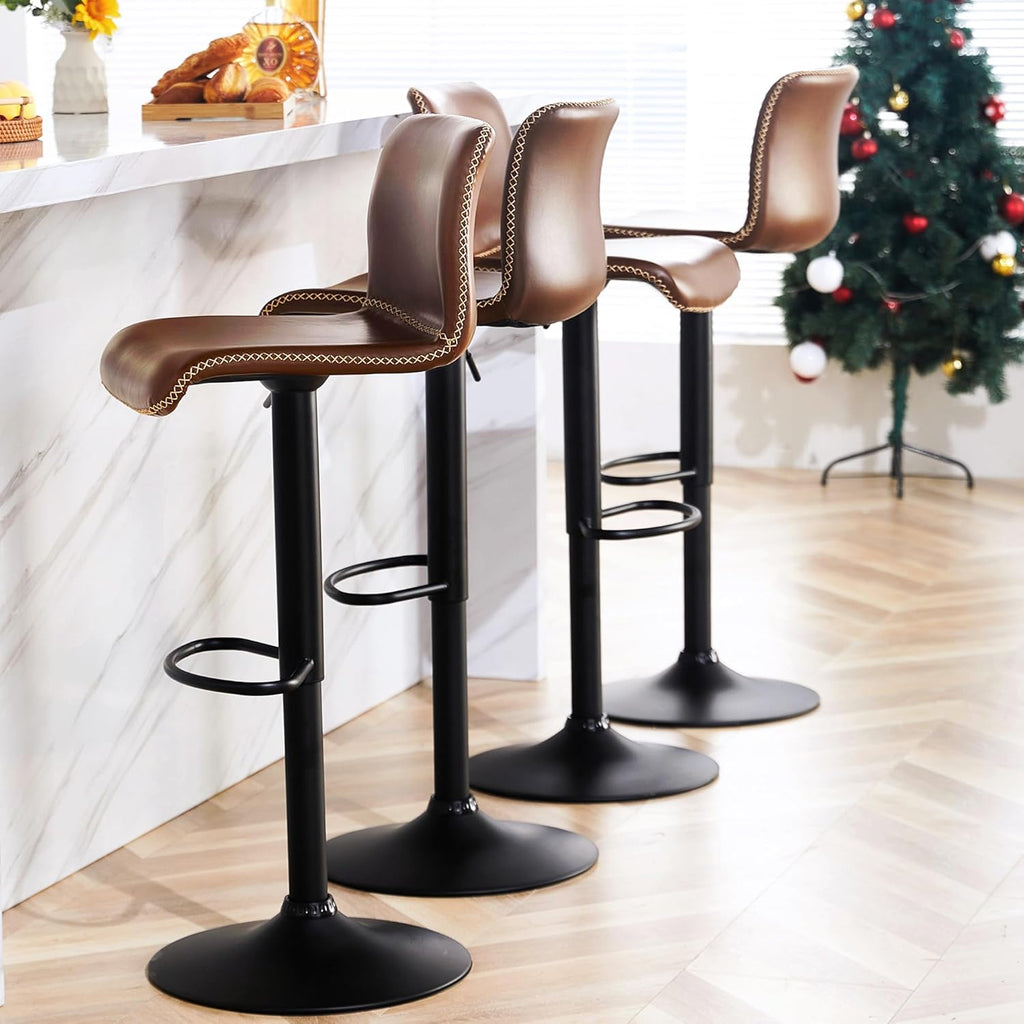 Swivel Bar Stools Set of 4, Counter Height Bar Stools with Back, Adjustable Bar Stools 24" to 32", Brown Faux Leather