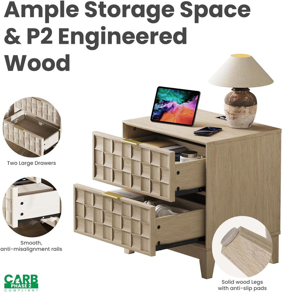 Night Stand with Charging Station Set of 2, Modern Nightstand Bedside Table, Wooden 2 Drawers Dresser, with