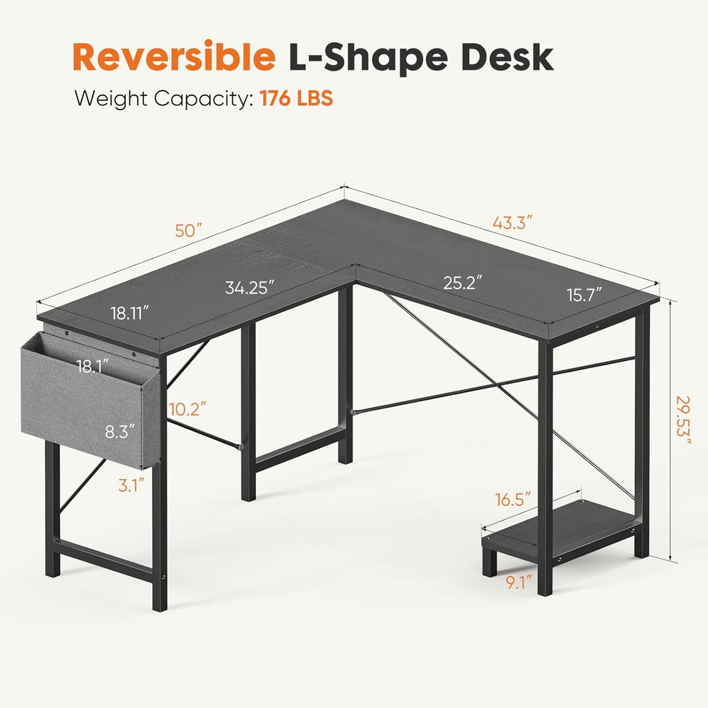 L Shaped Desk Computer Gaming Corner Table 51 Inch Home Office Writing Student Work PC Workstation with Side Storage