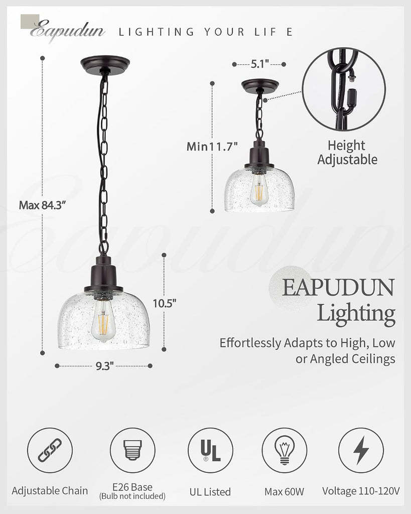 1-Pack Farmhouse Pendant Light, 1-Light Industrial Hanging Light Fixture with 9.3" Round Seeded Glass Shade, Dark