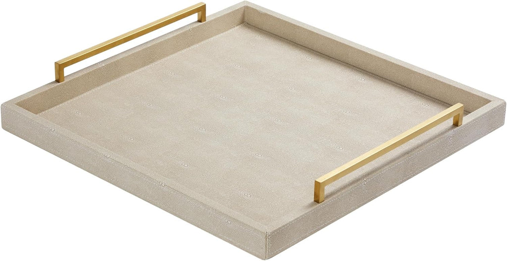 24"x24" Oversized Square Ottoman Tray , Extra Large Ivory Shagreen Leather Decorative Tray for Coffee Table,Wooden