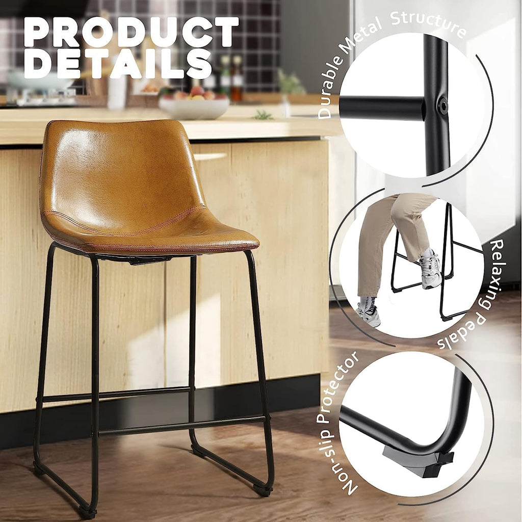 26 inch Bar Stools Set of 4,Counter Height Bar Stools with Back, Modern PU Leather Stools with Metal Leg and Footrest