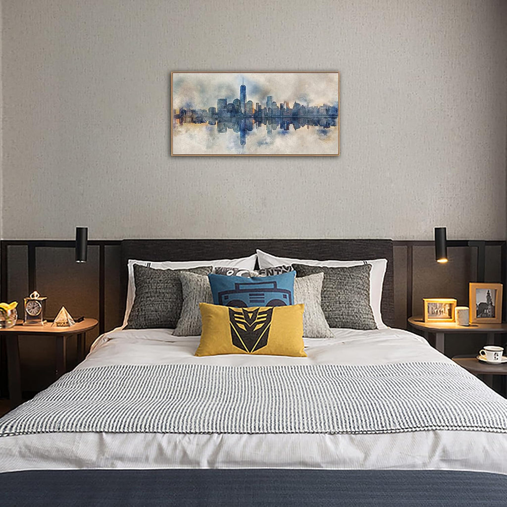 NYC Framed Canvas Wall Art Abstract Painting Wall Decor Indigo Blue Gray Panoramic Art Print New York Skyline