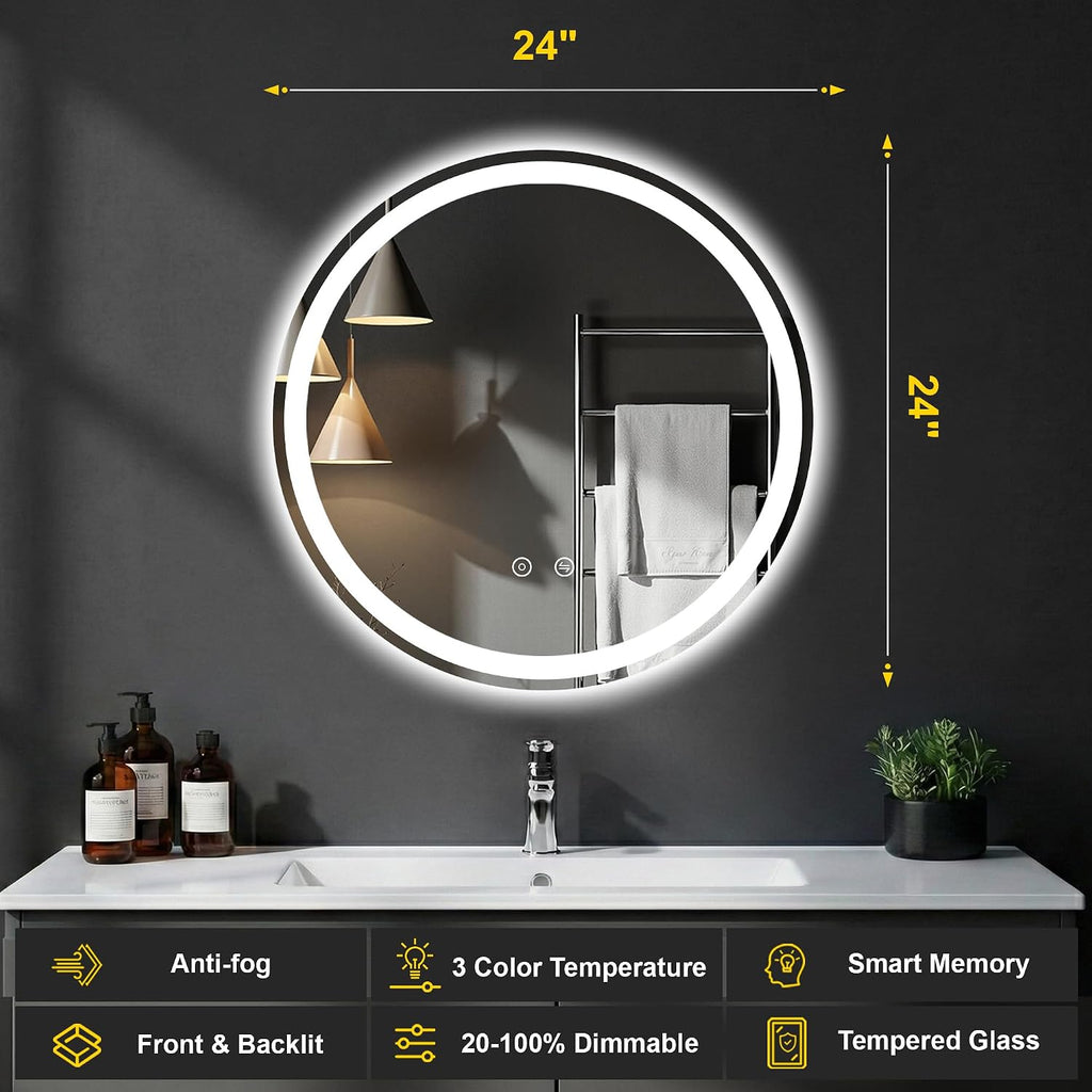 Round LED Bathroom Mirror with Lights, 24 Inch Circle Lighted Vanity Mirror, Anti-Fog, Dimmable 3 Colors