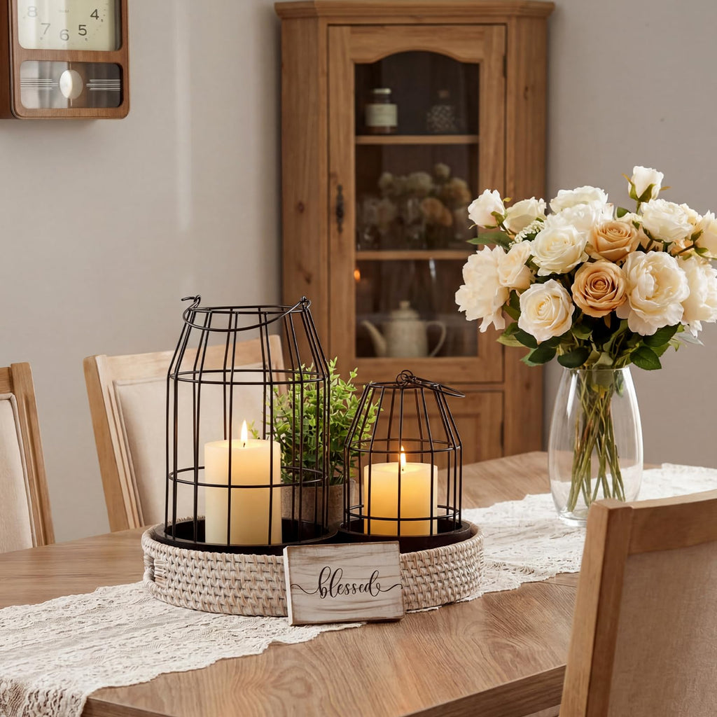 Rustic Farmhouse Lantern Decor Set of 5, Large, Black, Brown
