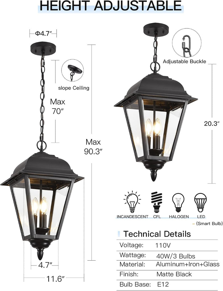 Outdoor Pendant Light, 3-Light Exterior Hanging Porch Light