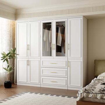 Wardrobe Closet Collection with Doors, Modern White Bedroom Armoire System with Gold Handles, Modern Clothes Storage