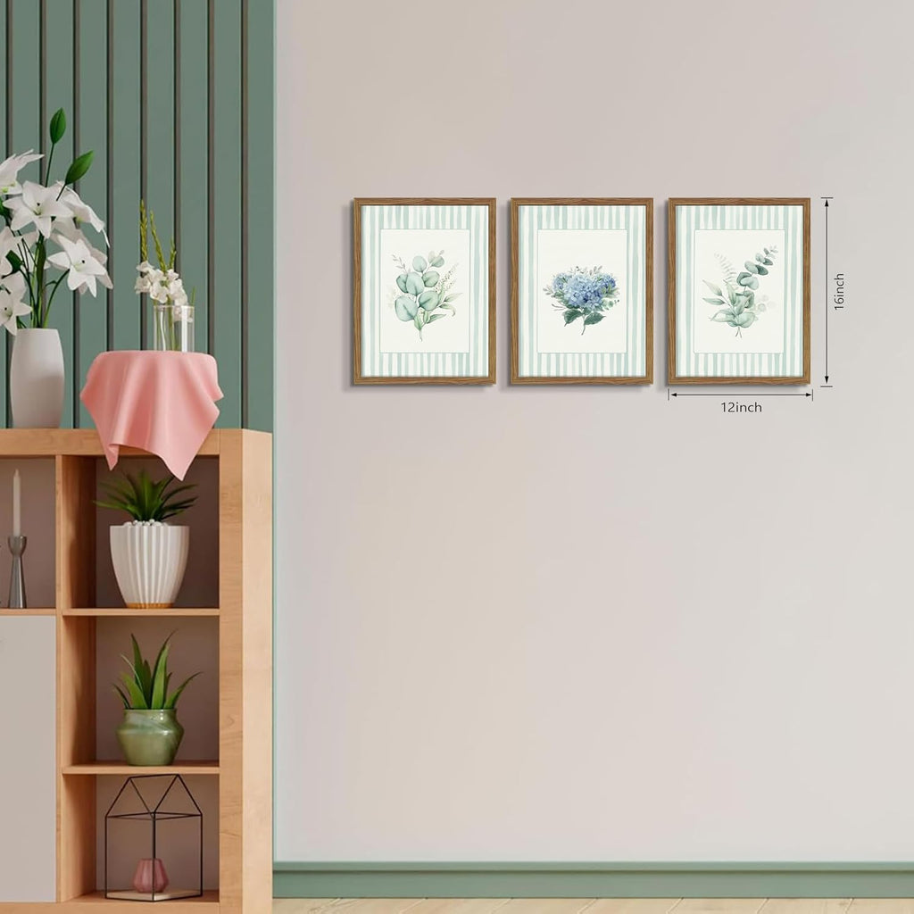 Framed Watercolor Flower Canvas Wall Art Set of 3, Eucalyptus Hydrangea and Green Plant Prints, Fresh Botanical