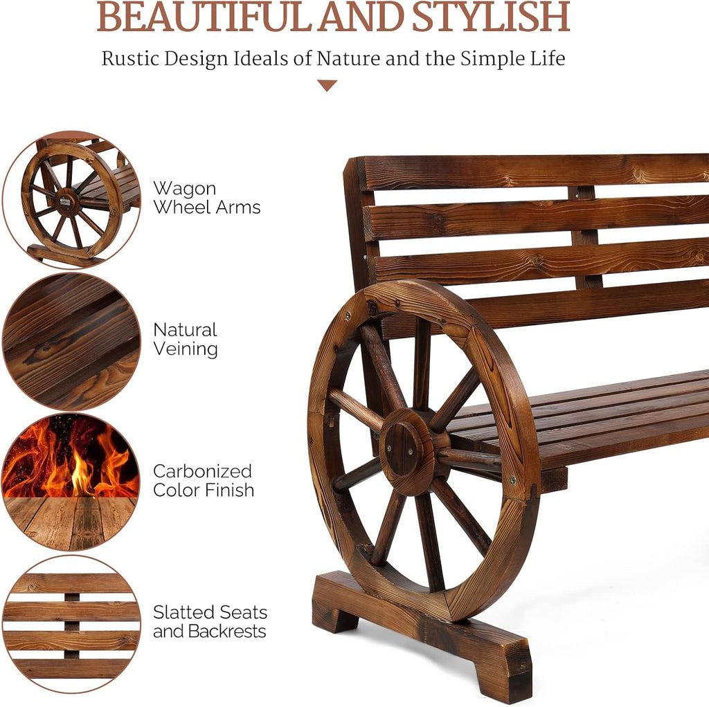 Rustic Wooden Wheel Bench Outdoor Bench, Patio Bench Wagon Slatted Seat, Garden Benches for Outdoors 350lbs High