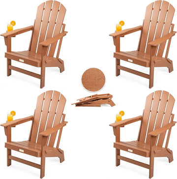 Folding HDPE Adirondack Chair 4-Pack, Gun-Leg Frame with Cupholder | All Weather Waterproof Heat Resistant, Wood