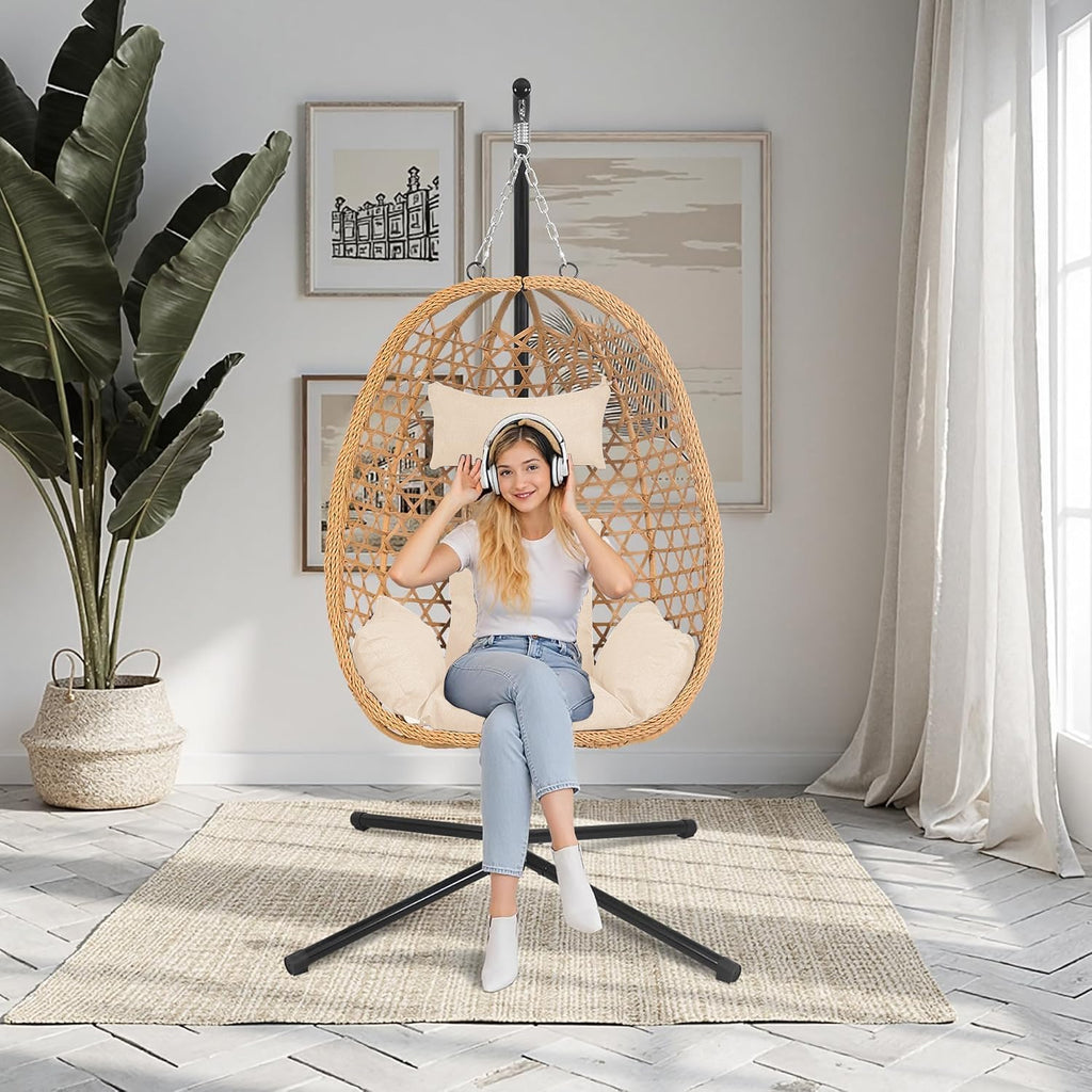 Hanging Egg Chair with Stand,All-Weather Rattan,330LBS Cap,Burlywood | Swing Chair with stand & thick cushions,330lb