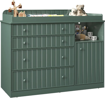 Green Changing Table Dresser | 37 In High Ergonomic, 4 Drawers, Cabinet, Open Space, Routed stripes, Curved Wrapping