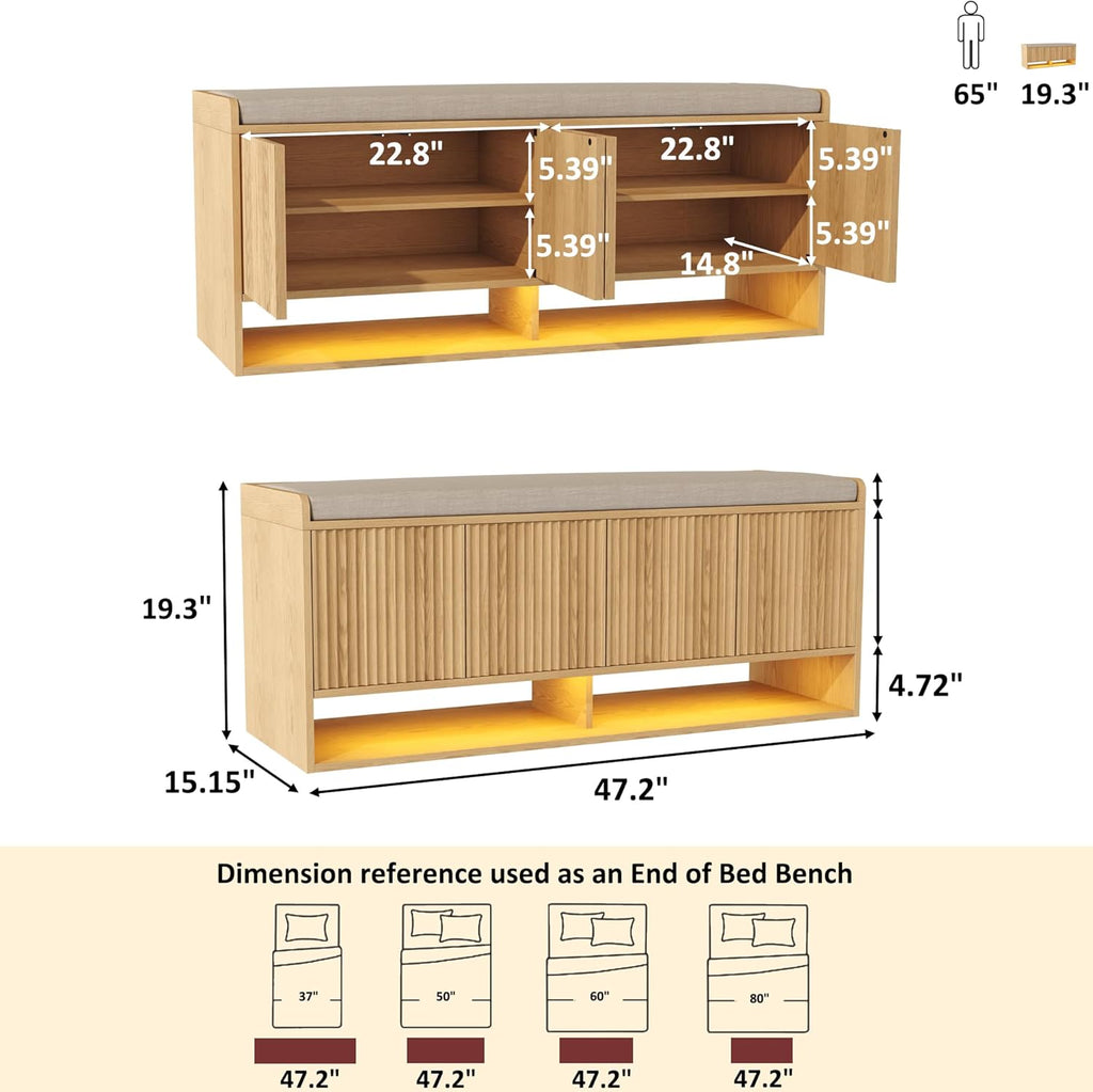 47.2" Fluted Shoe Storage Bench, Entryway Bench with Linen Seat Cushion, Shoe Cabinet Bench with Adjustable Shelf and