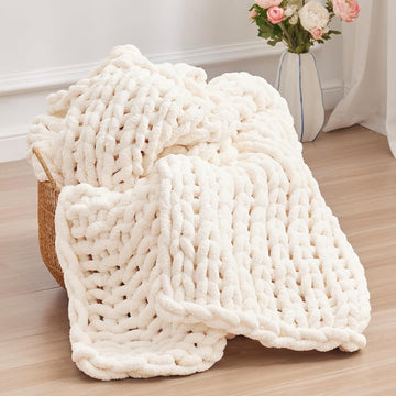 Chunky Knit Throw Blanket, 50''*60'' Knitted Throw Chenille Yarn, Handmade Cream Crochet Big Thick Blanket, Machine