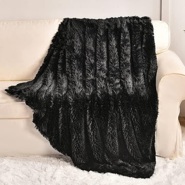 Long Faux Fur Throw Blanket,2 Layers,2.1lb,All Ages,Home Decoration, (Black,50" x 60")