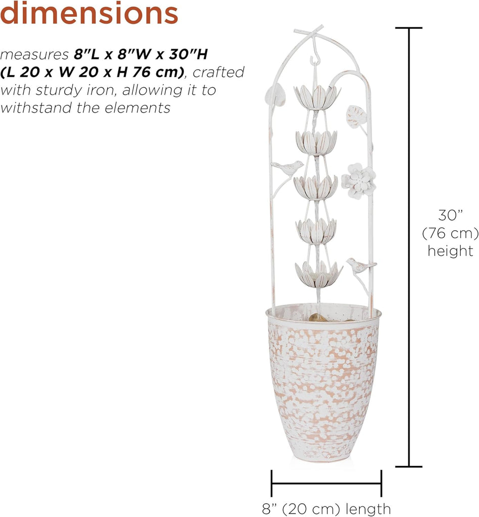 30" Tall Metal Rustic Water Fountain with Decorative Flower, Cascading Waterfall Feature for Gardens, Patios