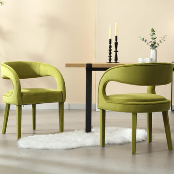 Modern Barrel Dining Chairs Set of 2, Green Velvet Upholstered Dining Room Chairs Open Back Kitchen Chairs Accent Side