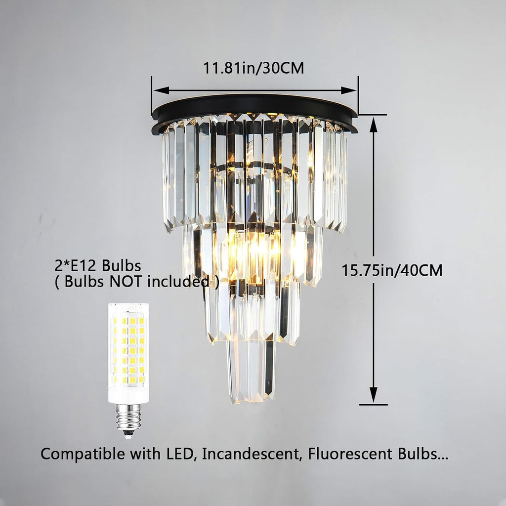 Black Crystal Wall Sconce, Modern 4-Tiers K9 Clear Crystal Wall Light Bedside Wall Mount Lamp for Living Room Bedroom