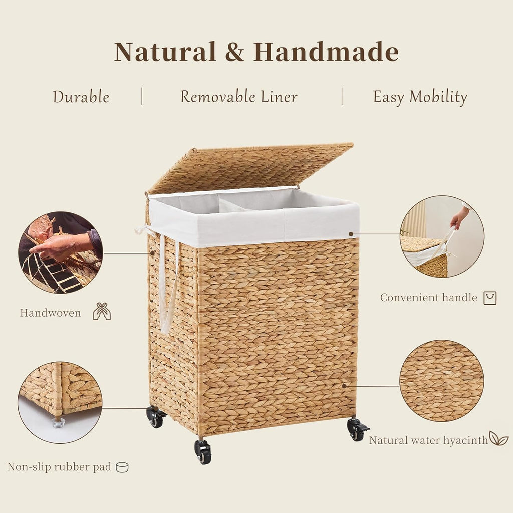 2-Section Laundry Hamper with Lid, Large Capacity Woven Natural Water Hyacinth Laundry Sorter with Removable Liners