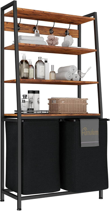 Laundry Hamper with Shelf, Tall Laundry Basket Clothes Hampers | 4 Tiers Storage Shelf and Hooks, Double Clothes