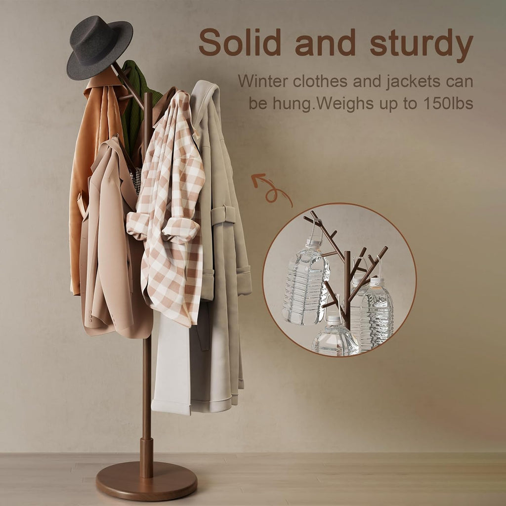 Coat Rack, Solid Wood Coat Rack Freestanding With 12 Hooks, Coat Tree Freestanding Heavy Duty 3 Adjustable Heights