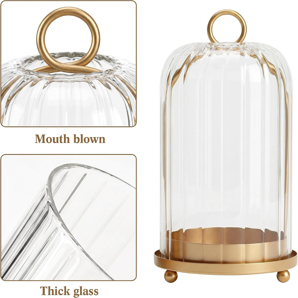 Vintage Brass Metal Candle Lantern with Ribbed Thick Glass Dome - Set of 2 Shabby Chic Style Candle Holders